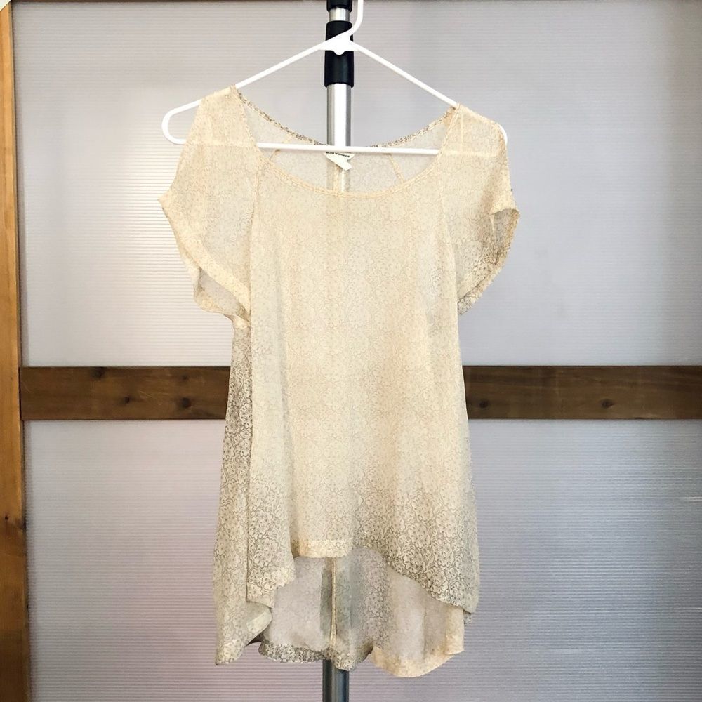CLUB MONACO Silk Sheer Cold Shoulder Short Sleeve Blouse Yellow Grey Print Sz XS